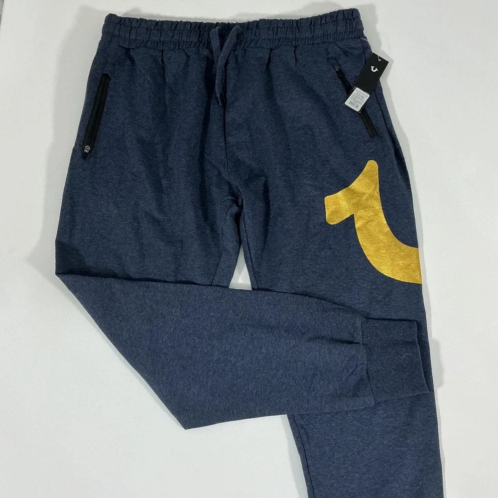 NWT True Religion Men's Lounge Jogger Sweatpants Heather Blue Gold Foil Size L